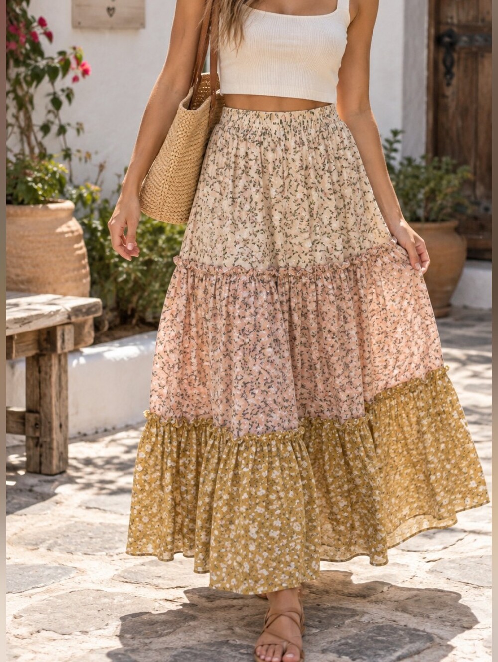 The Shew Floral Tiered Maxi Skirt Women's M/L Boho